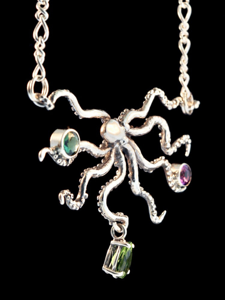 Octopus Neckpiece with Jeweled Treasures - Silver