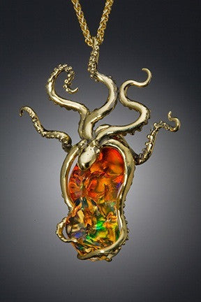 One of a Kind Mexican Fire Opal Octopus - 18K gold