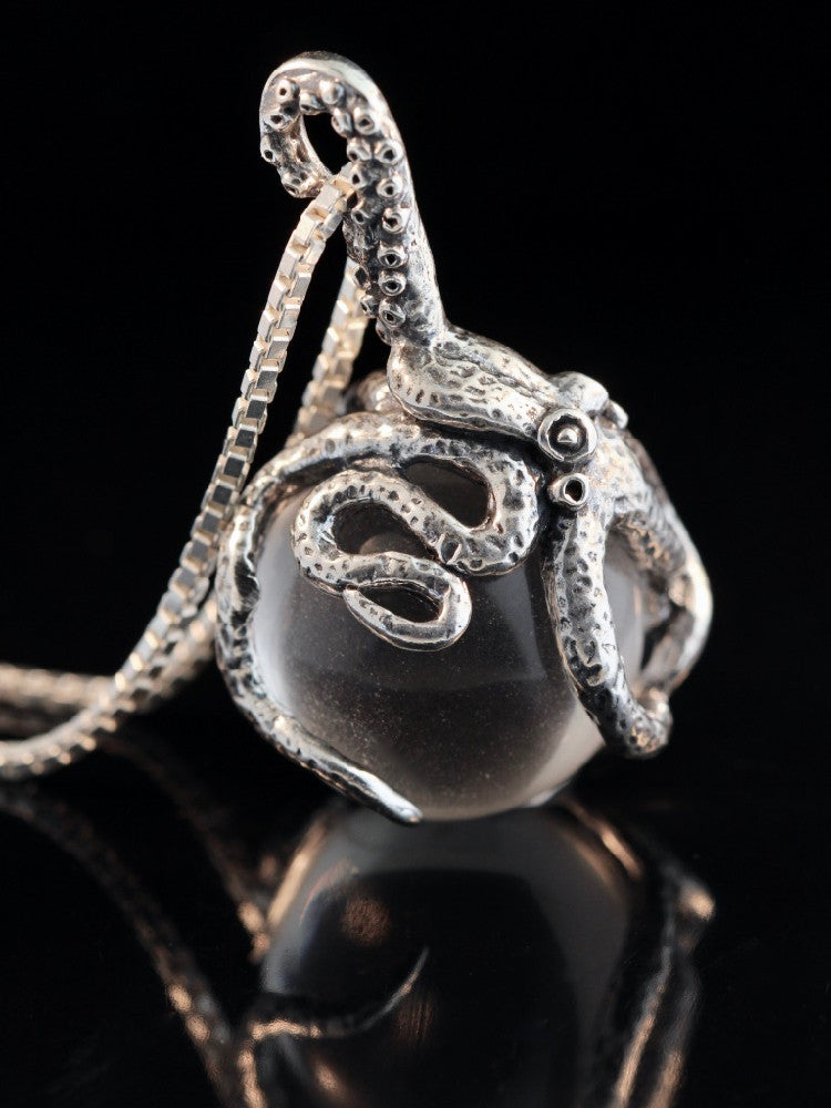 Octopus Pendant w/ Clear Quartz Orb in Silver