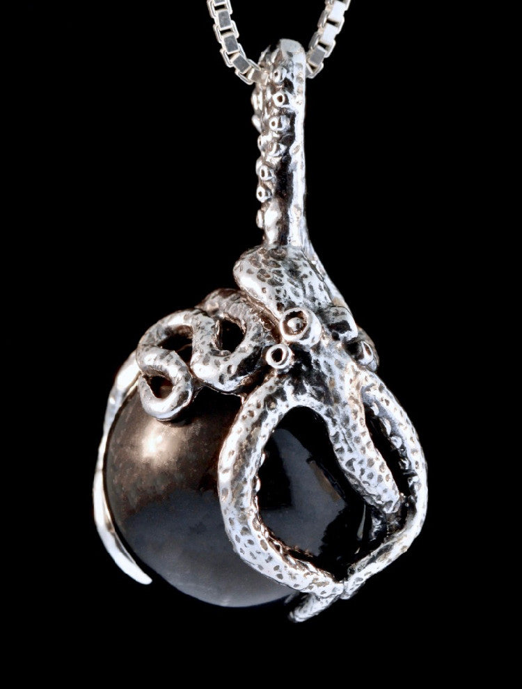 Octopus Pendant w/ Black Onyx Orb in Silver