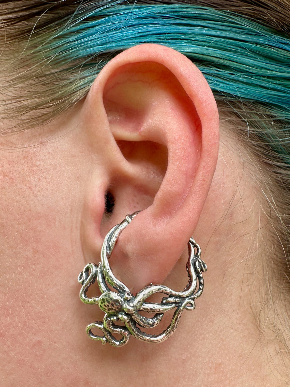 Silver Octopus Ear Hoop on Left Ear