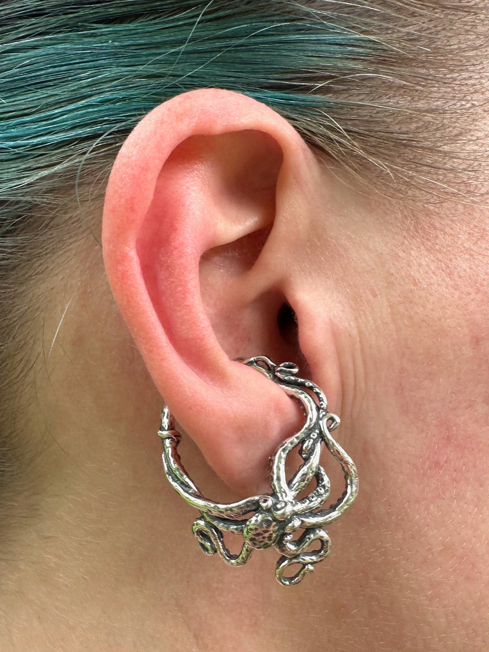 Silver Octopus Ear Hoop on Right Ear