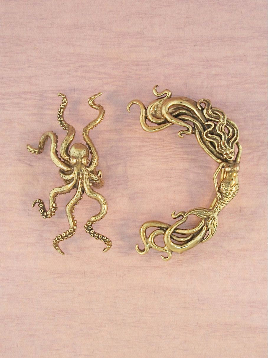 Bronze Octopus and Mermaid Ear Cuff