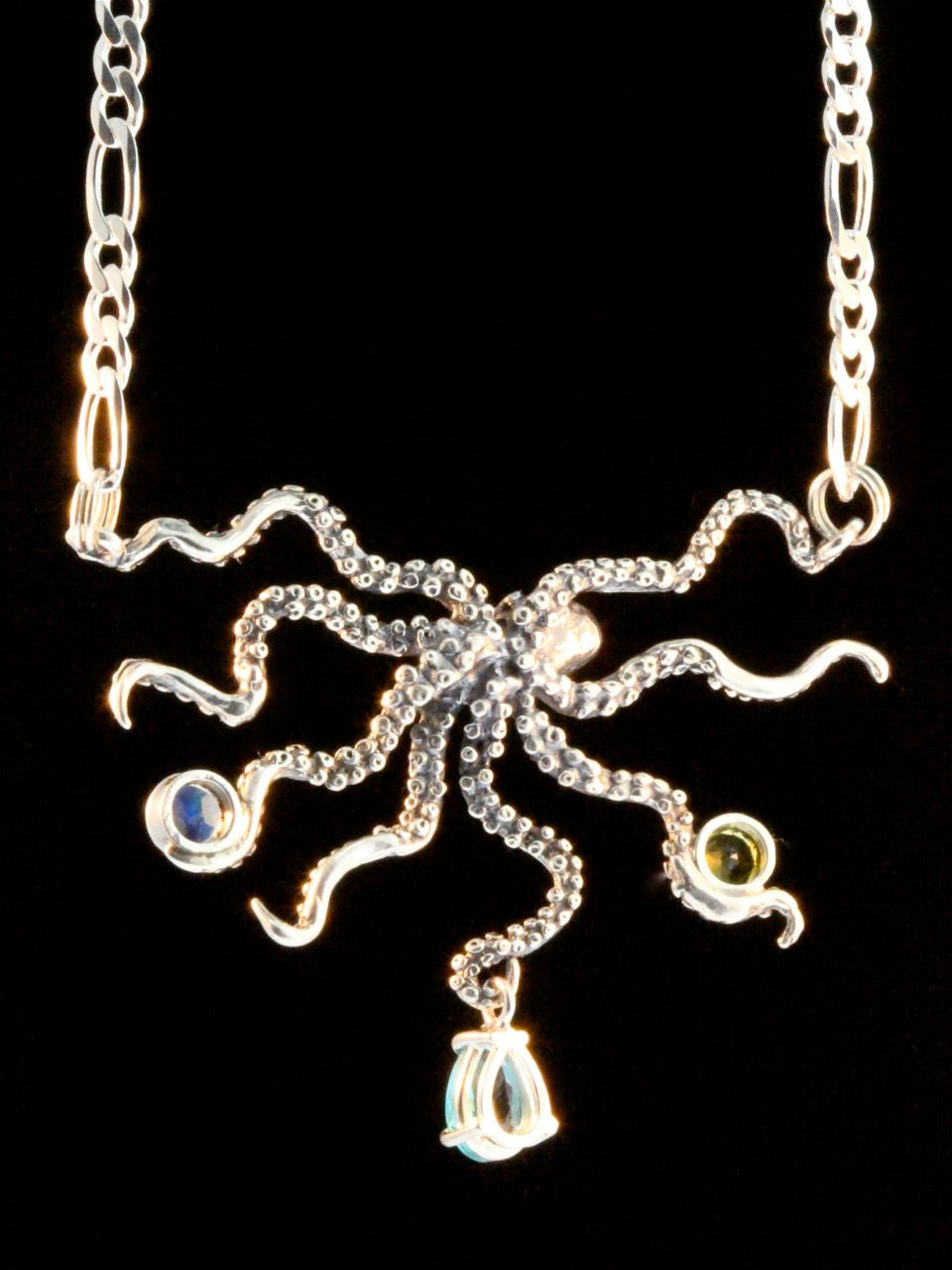 Octopus  Neckpiece with Jeweled Treasure II - Sterling Silver