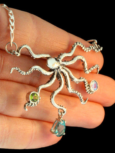 Octopus  Neckpiece with Jeweled Treasure II - Sterling Silver