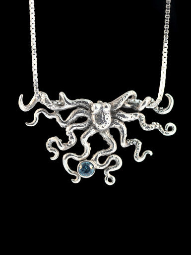 Octopus Slider Pendant with Gemstone - Sterling Silver