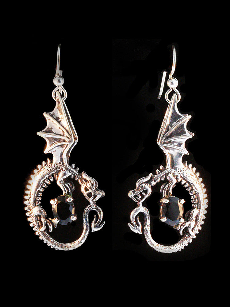 Oracle Dragon Earrings with Black Onyx - Silver