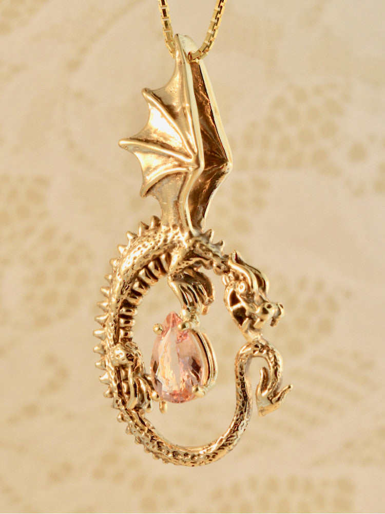 Oracle Dragon Pendant with Morganite in 14K Gold
