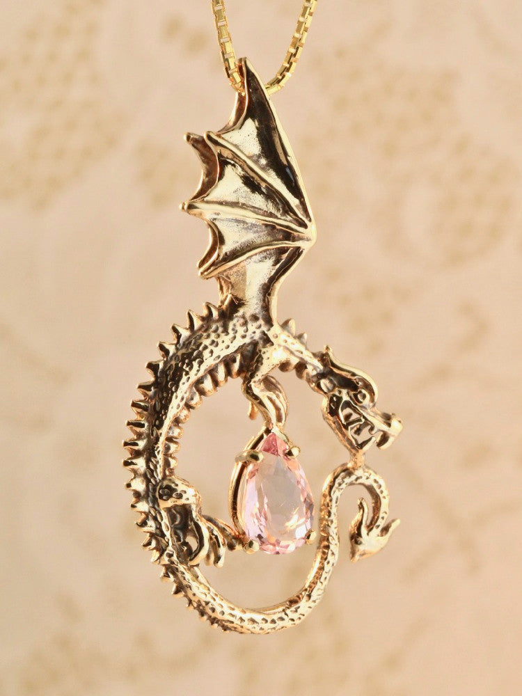 Oracle Dragon Pendant with Morganite in 14K Gold