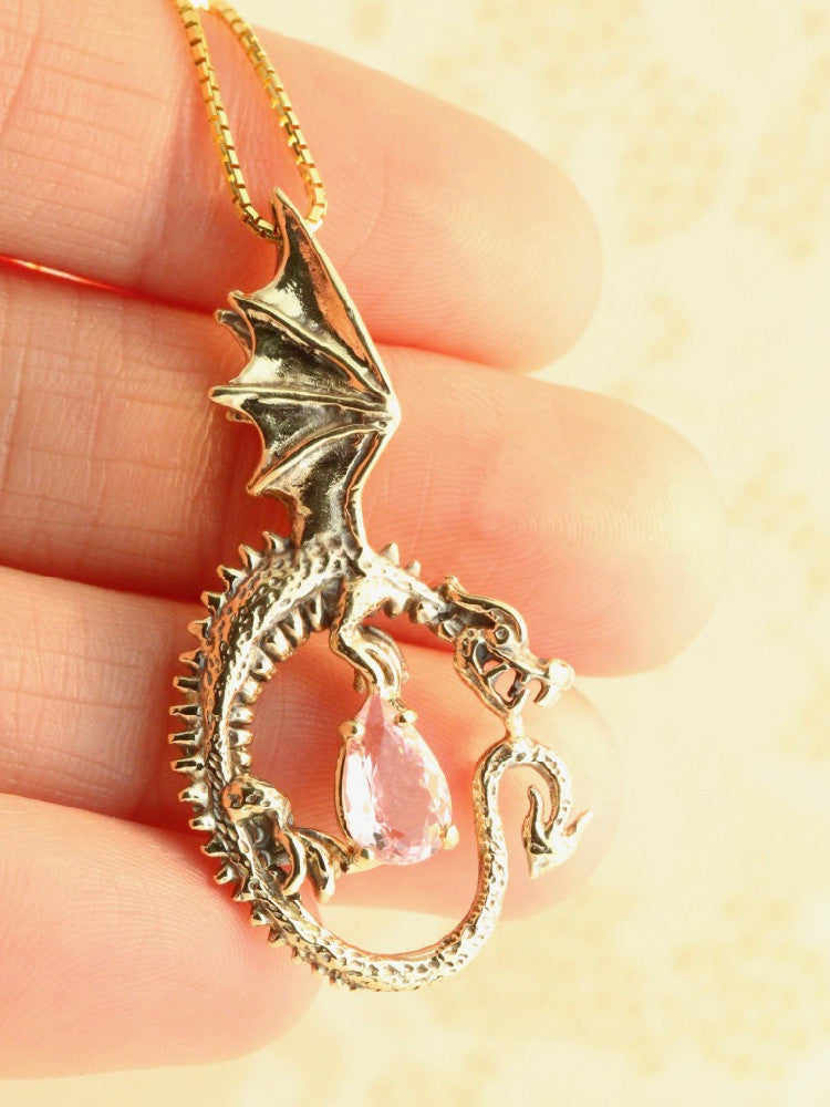 Oracle Dragon Pendant with Morganite in 14K Gold