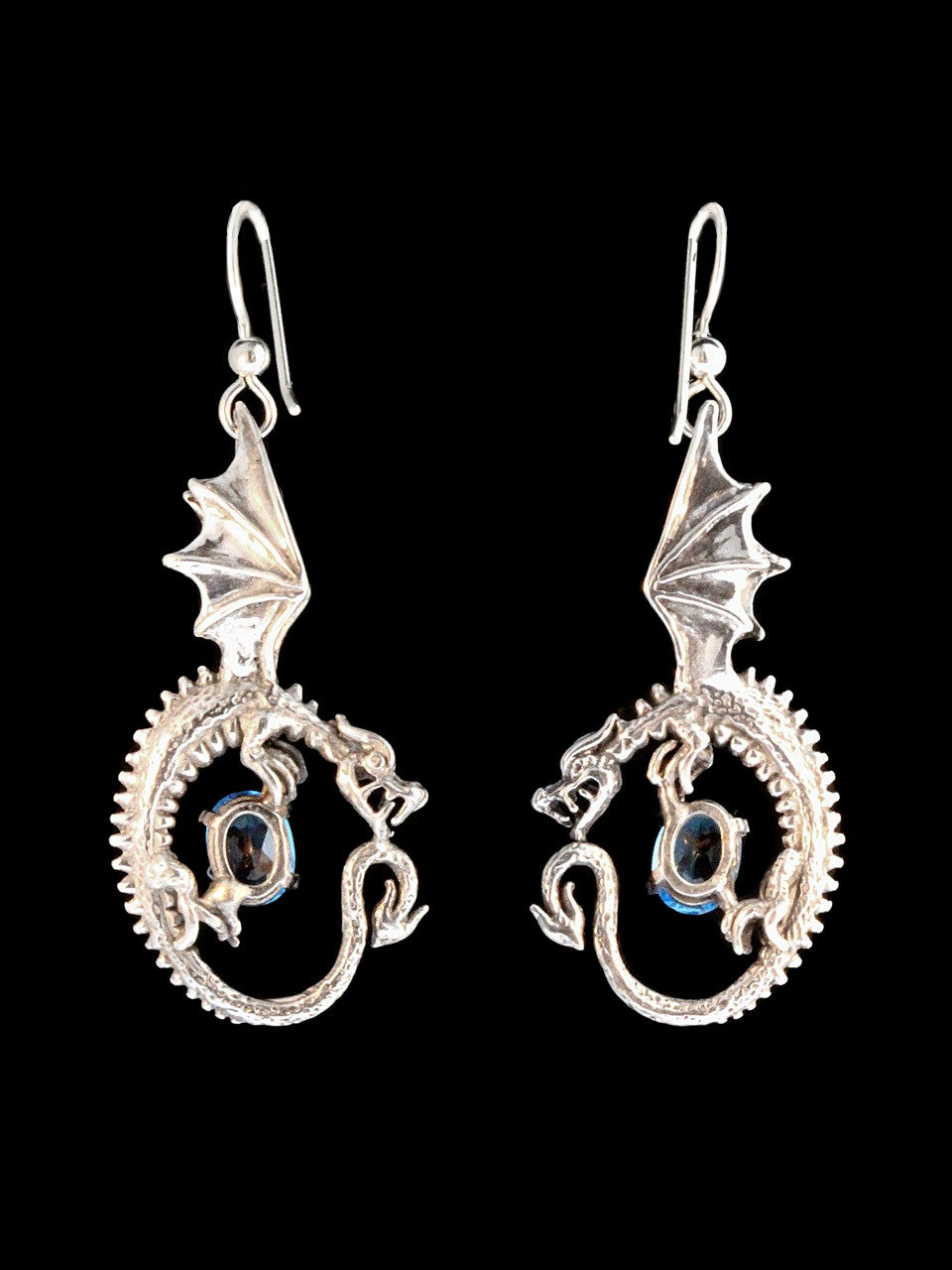 Oracle Dragon Earrings with Blue Topaz - Silver