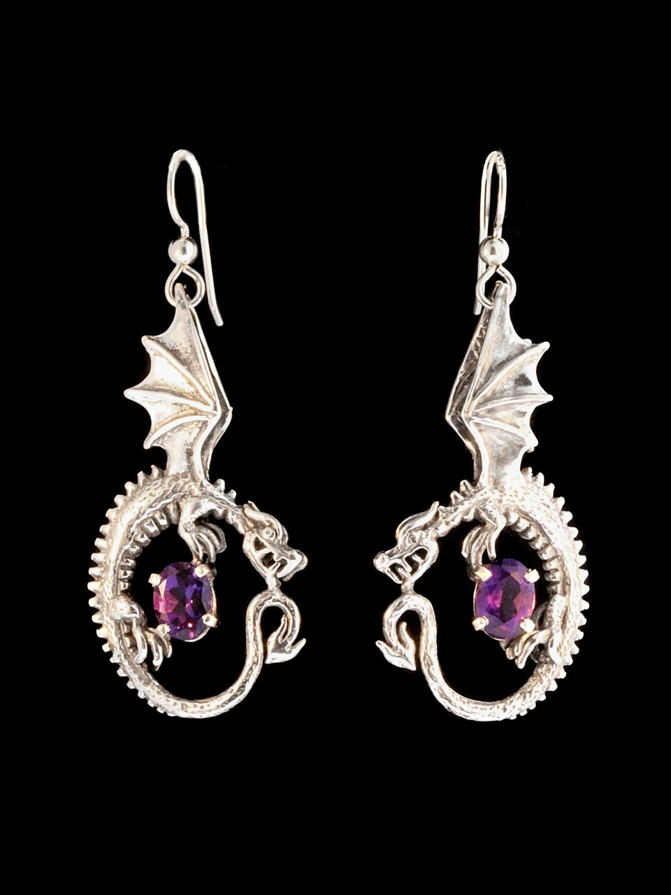Oracle Dragon Earrings with Amethyst - Silver