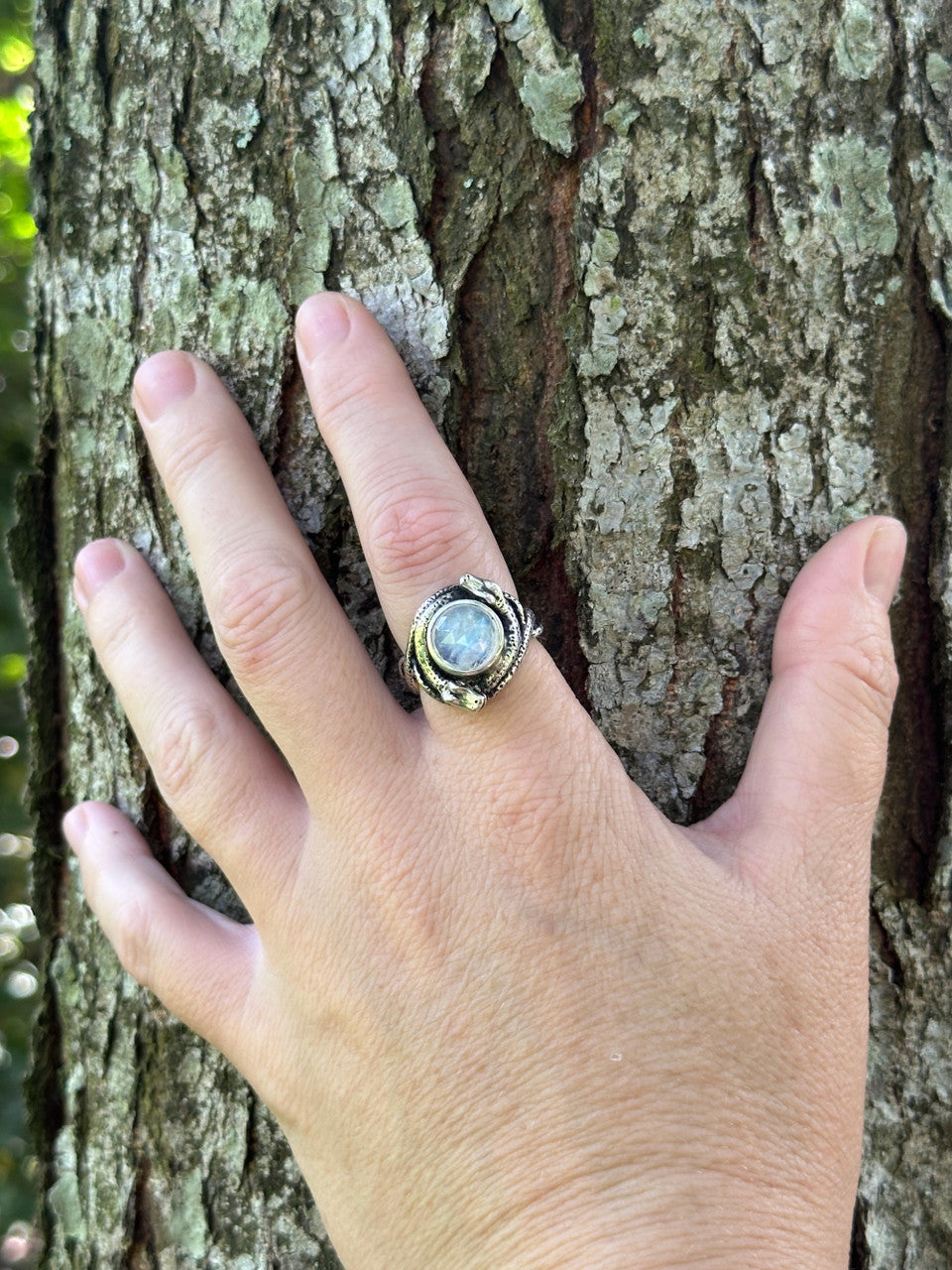 Oracle Snake Ring with Rose Cut Rainbow Moonstone