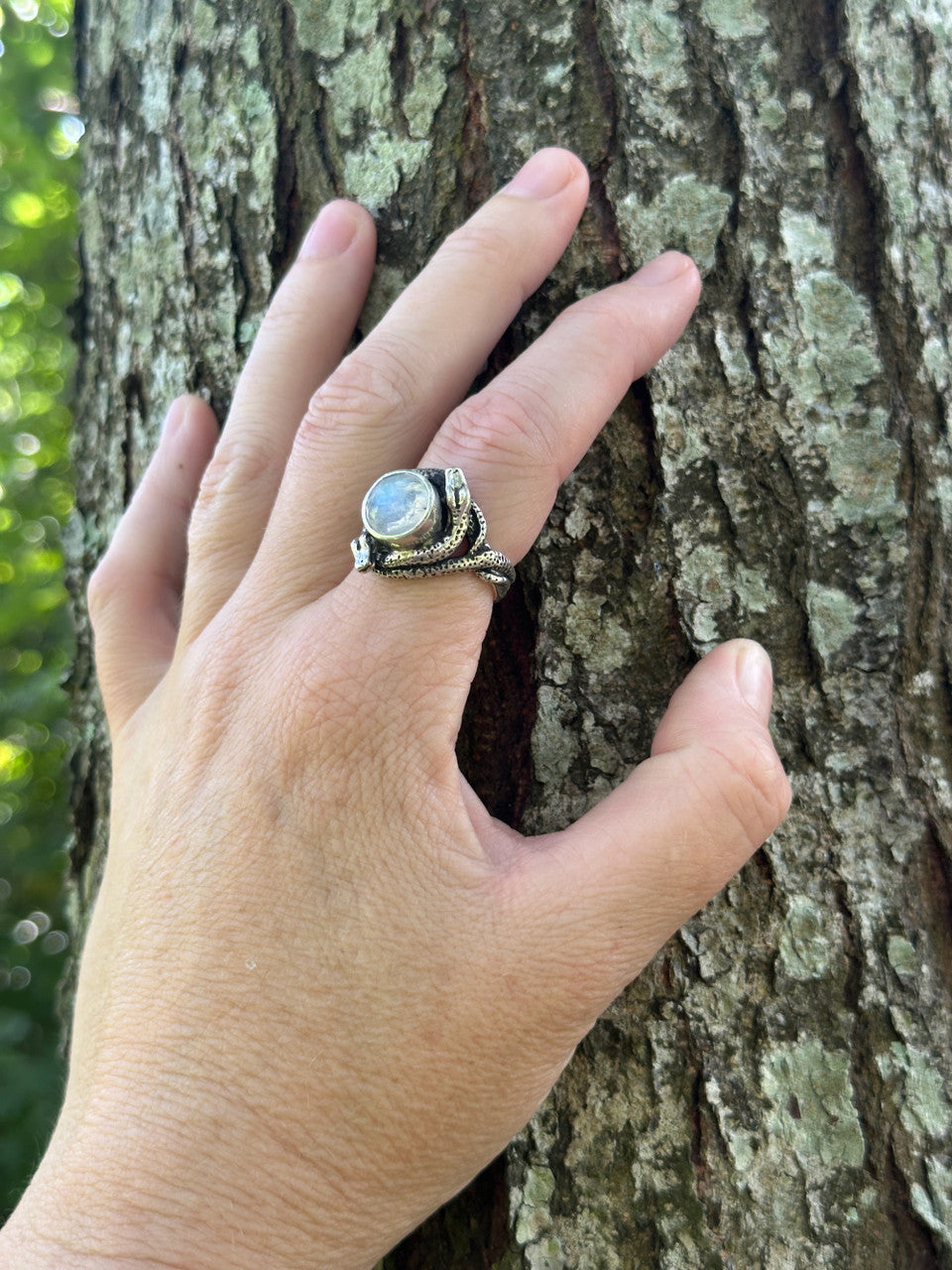 Oracle Snake Ring with Rose Cut Rainbow Moonstone