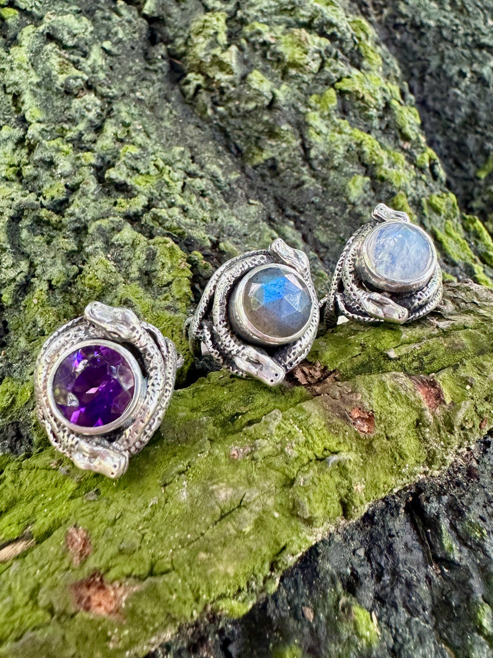 Oracle Snake Ring with Rose Cut Rainbow Moonstone & Labradorite and Faceted Amethyst