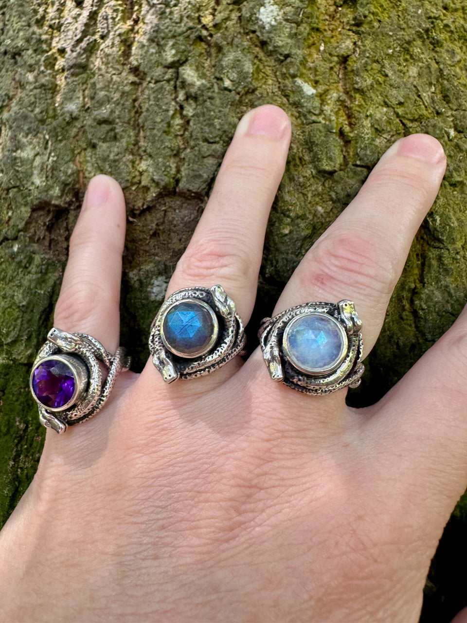 Oracle Snake Ring with Rose Cut Rainbow Moonstone & Labradorite and Faceted Amethyst