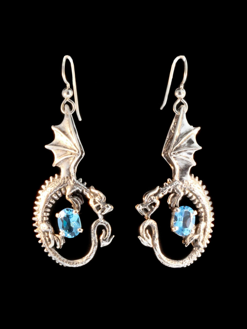 Oracle Dragon Earrings with Blue Topaz - Silver