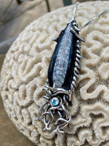 Fossilized Orthoceras Creature Pendant - Silver
