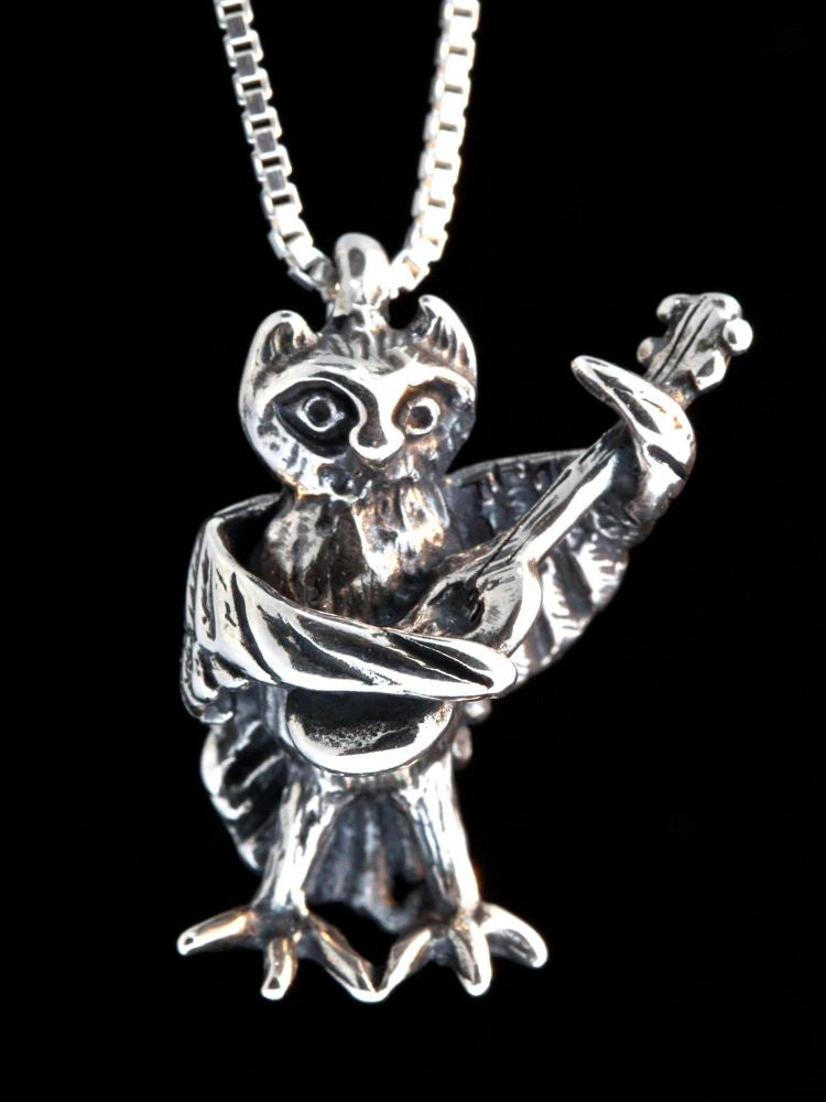 Owl with Guitar Charm - Silver