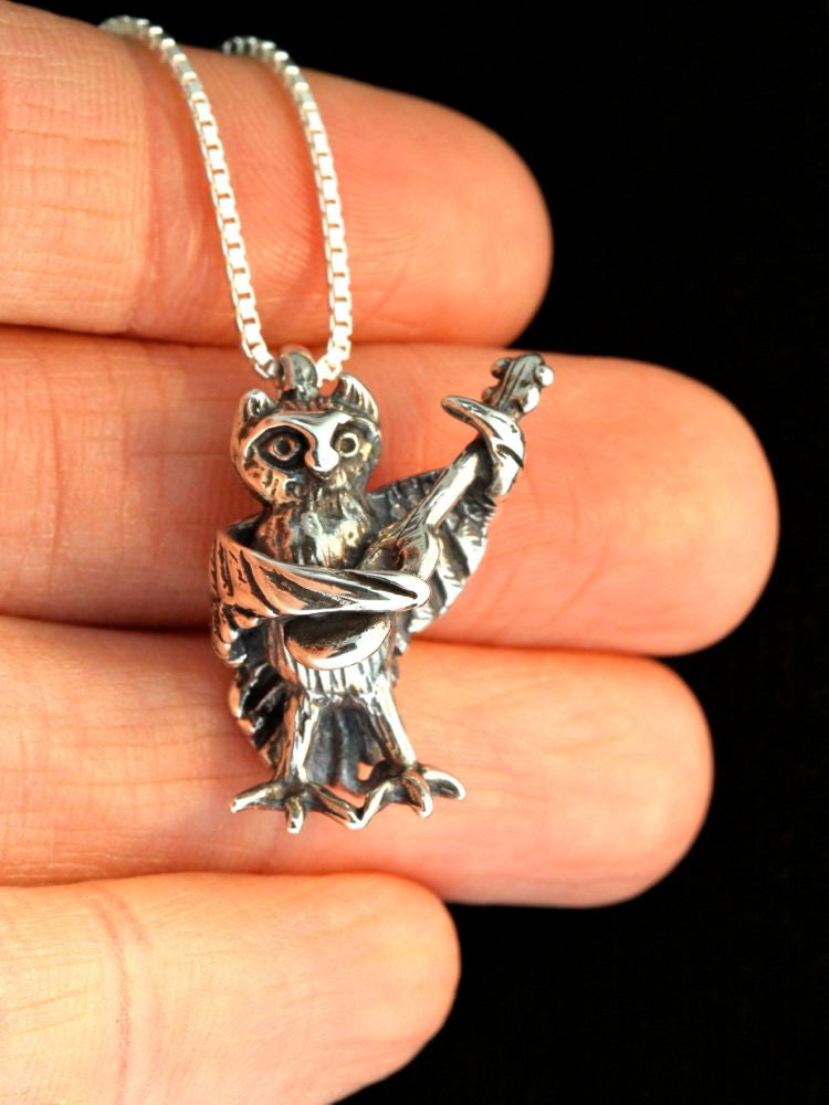 Owl with Guitar Charm - Silver