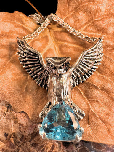 Owl Neckpiece with 14mm Blue Topaz Trillion - Sterling Silver