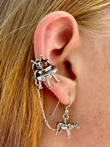 Peace Alien Flying Saucer Ear Cuff Bajoran with Abducted Cow - Sterling Silver
