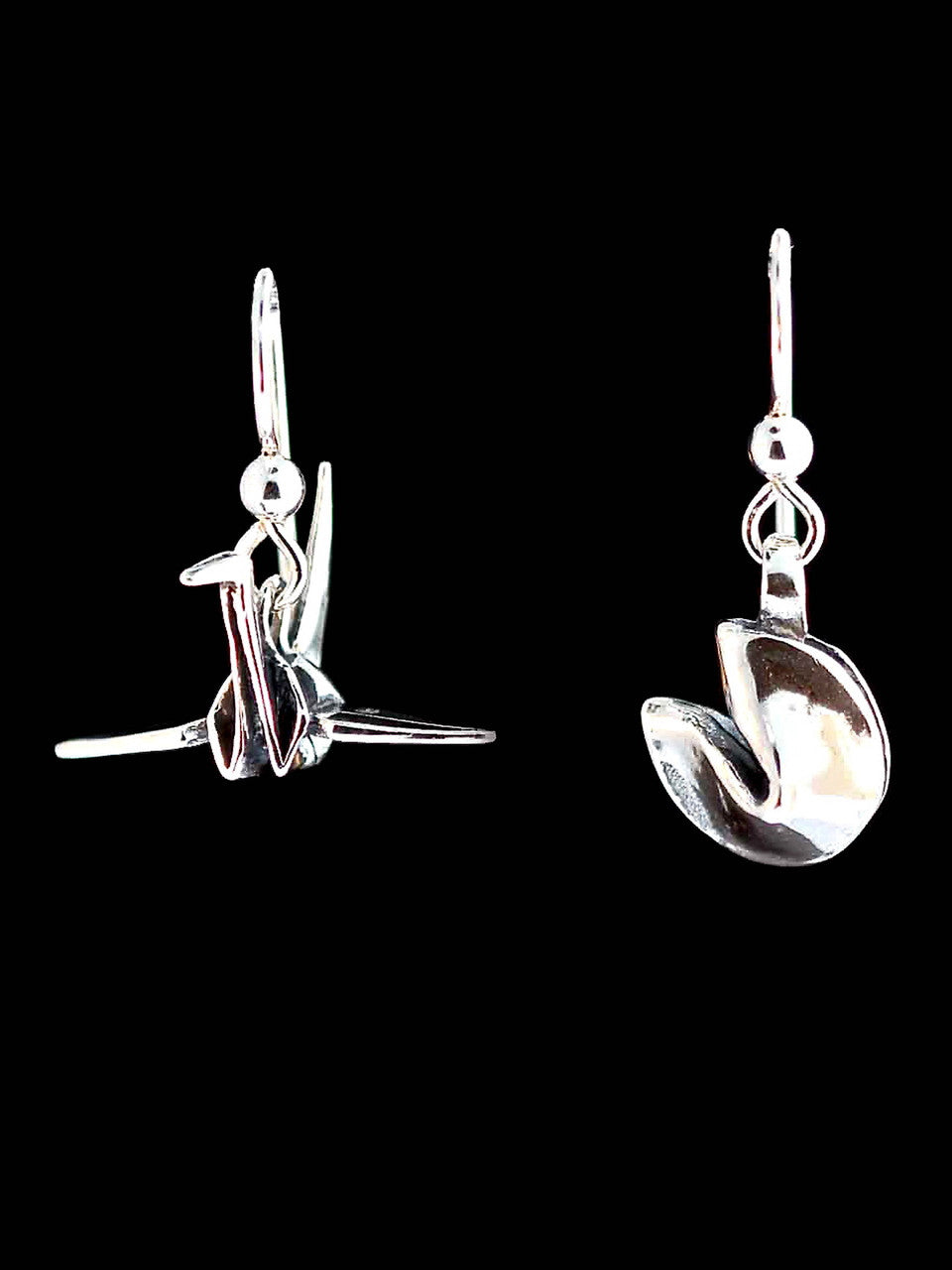 Peace Crane and Fortune Cookie Earrings - Silver