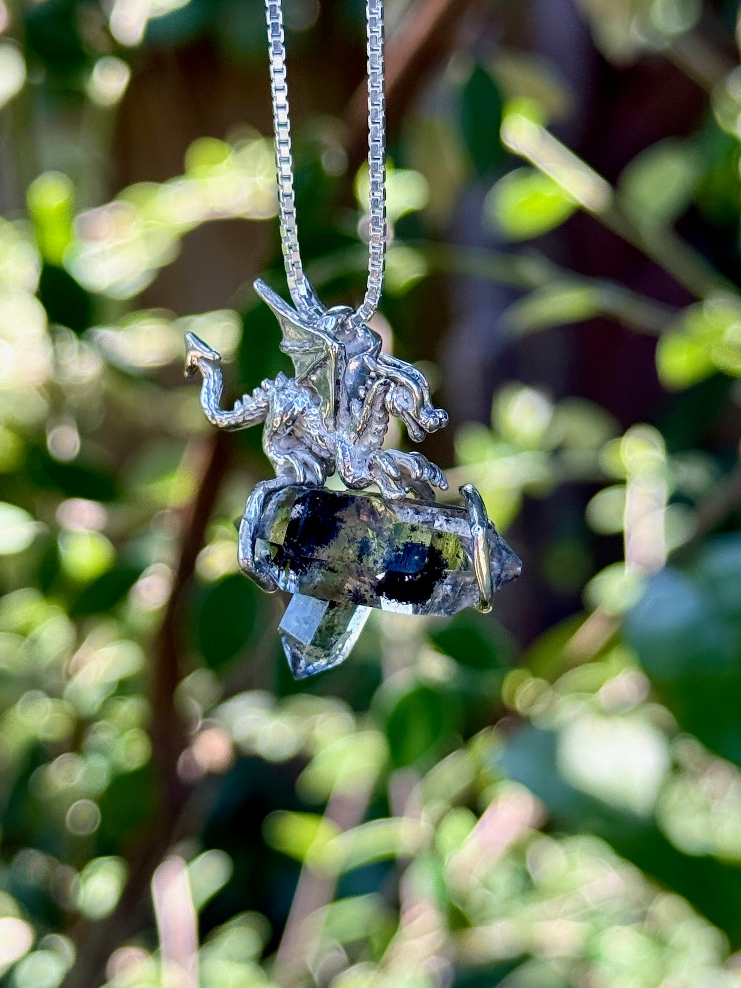Phantom Dragon Pendant - Double Terminated Petroleum Quartz Crystal - Sterling Silver