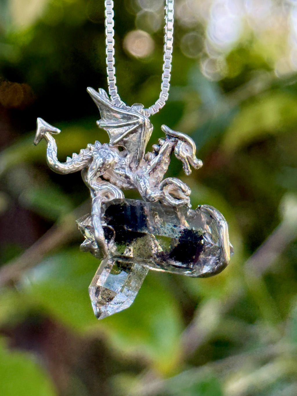 Phantom Dragon Pendant - Double Terminated Petroleum Quartz Crystal - Sterling Silver