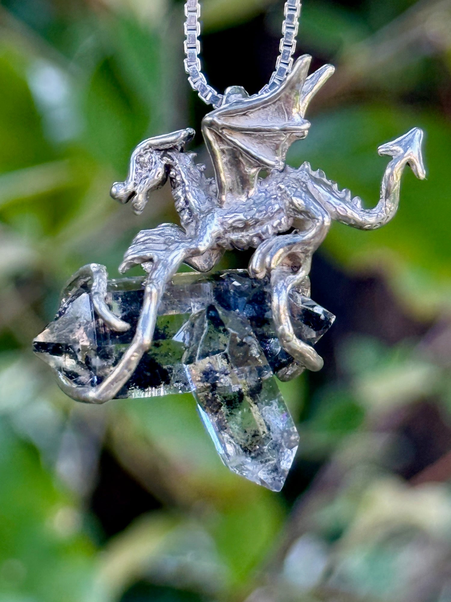 Phantom Dragon Pendant - Double Terminated Petroleum Quartz Crystal - Sterling Silver
