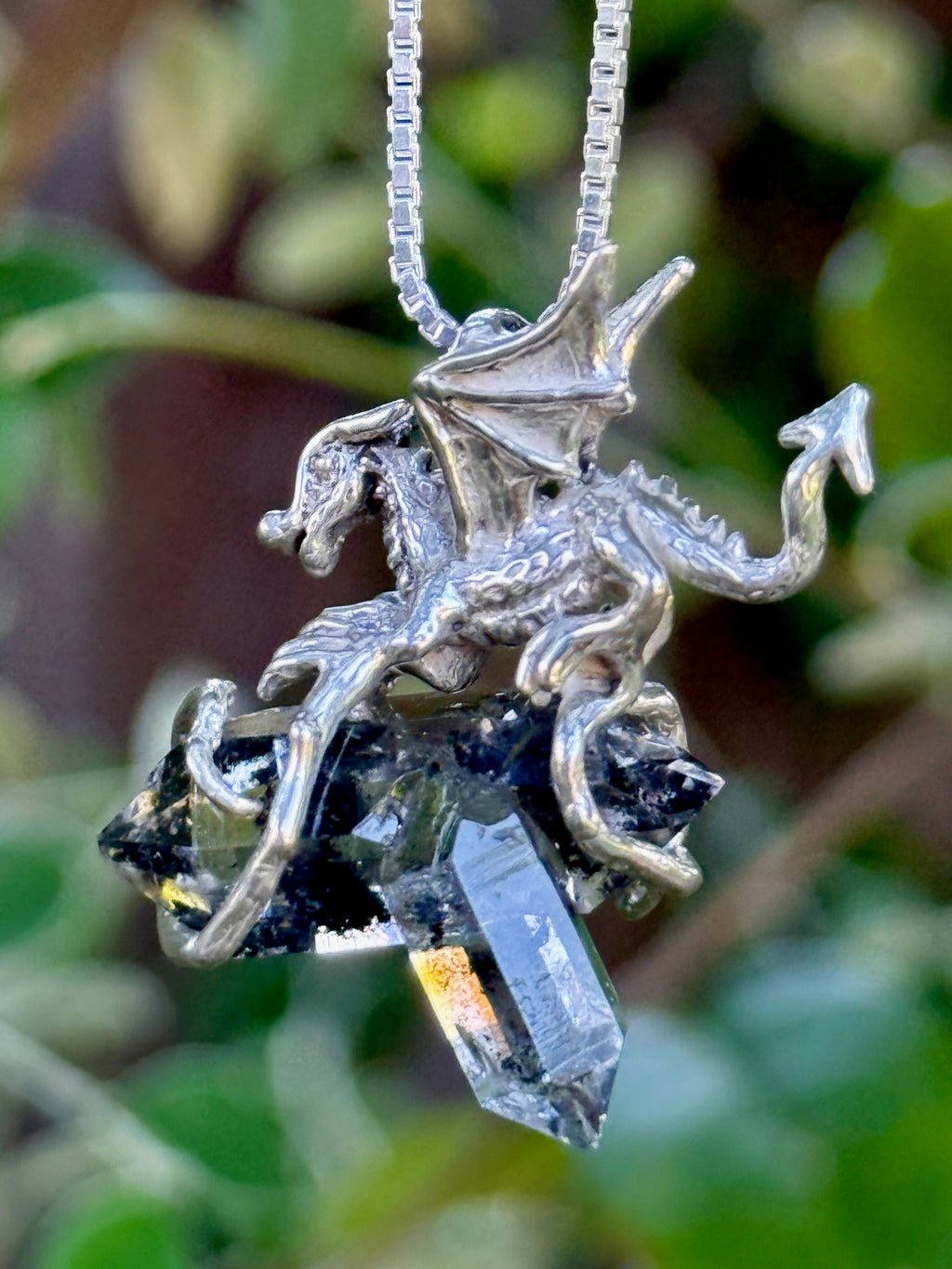 Phantom Dragon Pendant - Double Terminated Petroleum Quartz Crystal - Sterling Silver