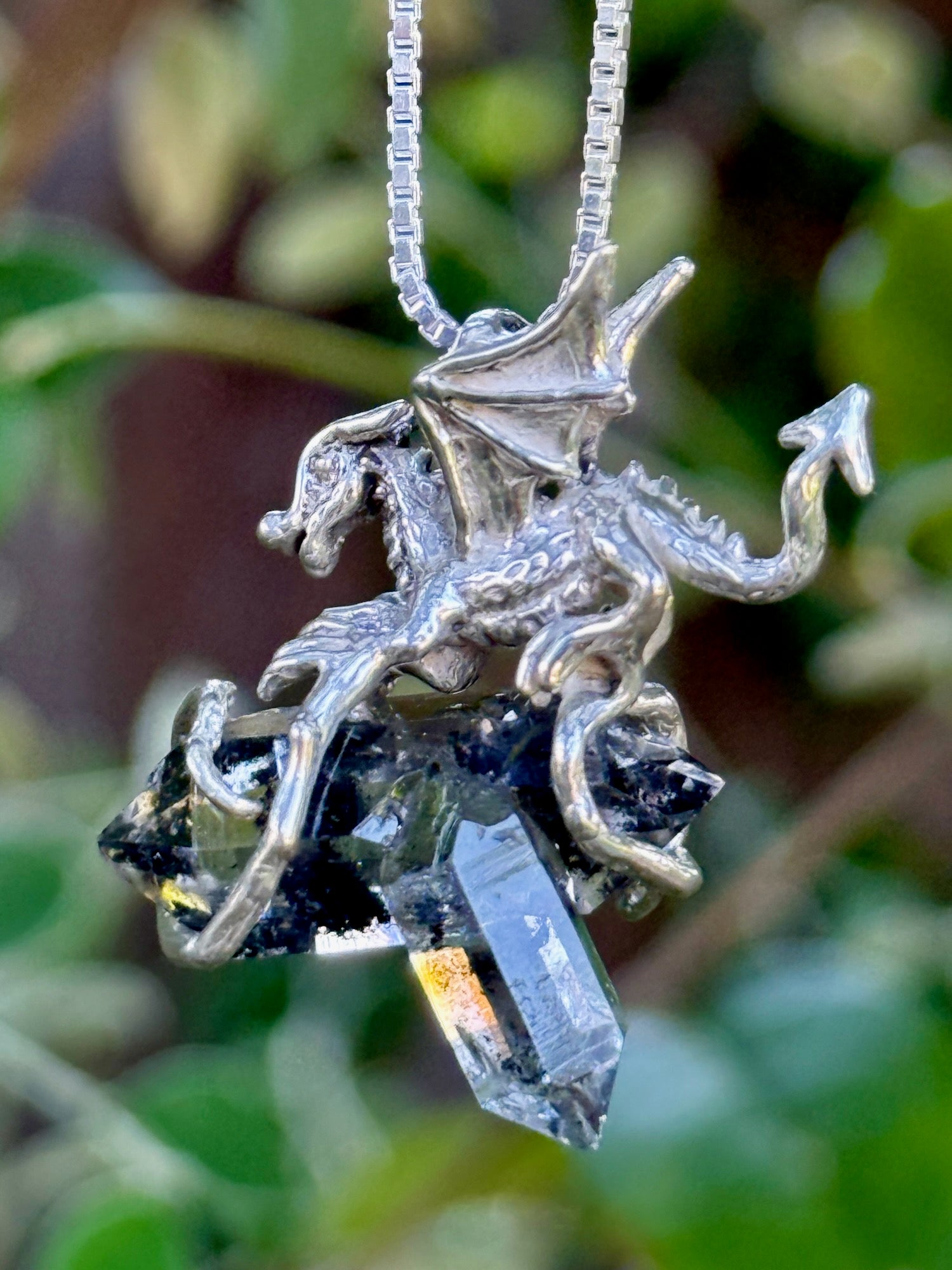 Phantom Dragon Pendant - Double Terminated Petroleum Quartz Crystal - Sterling Silver