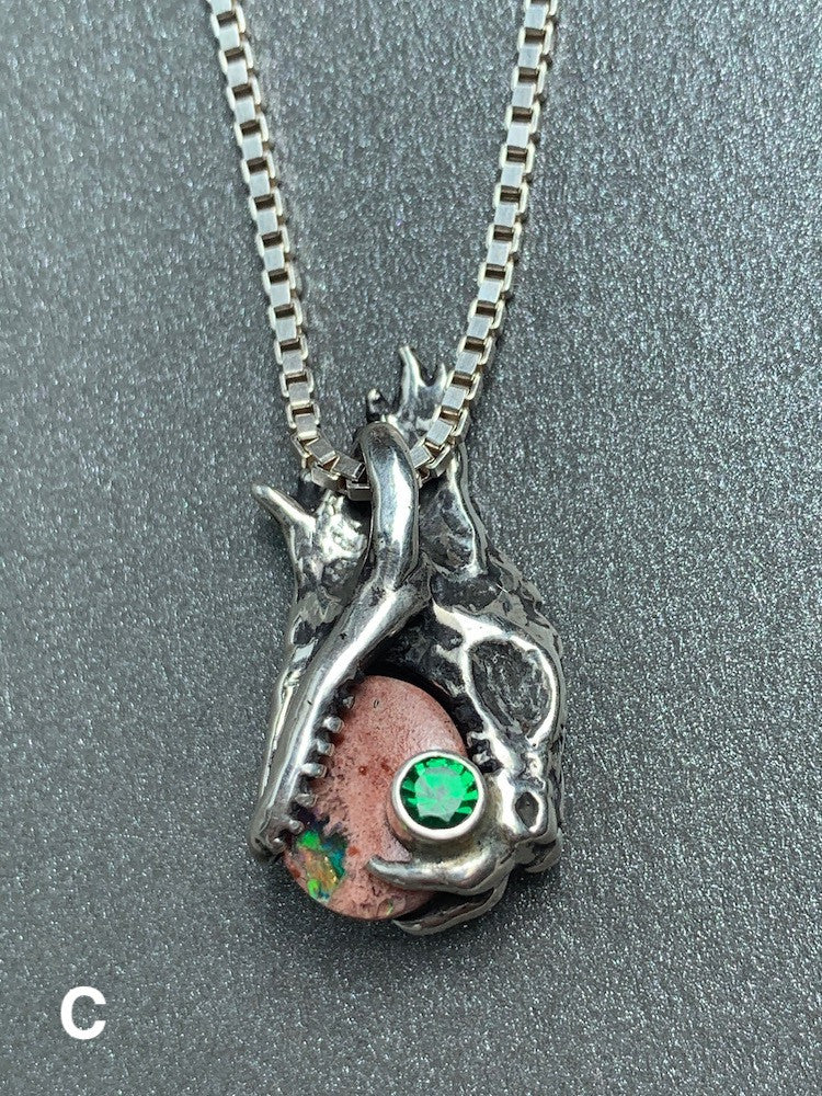 Phantom Viper Snake Head Pendant with Mexican Matrix Fire Opal and Faceted Fire Opal on back - Option C