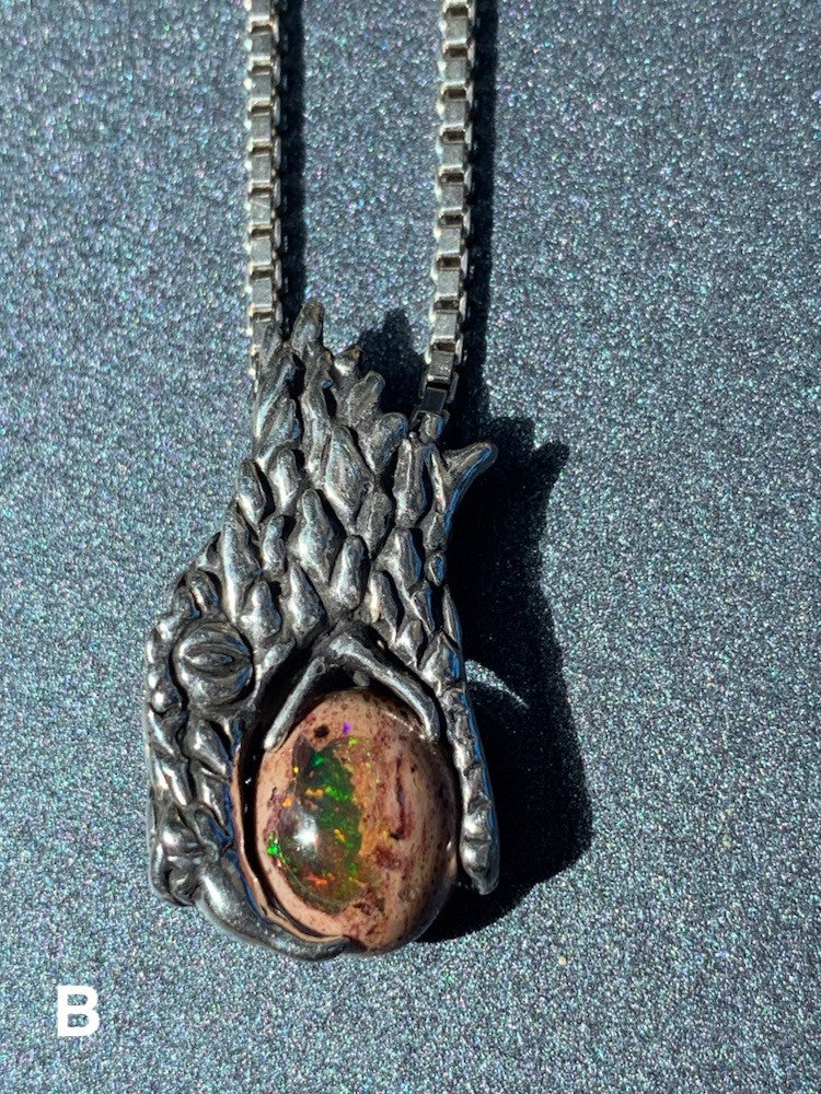 Phantom Viper Snake Head Pendant with Mexican Matrix Fire Opal and Faceted Fire Opal on back - Option B