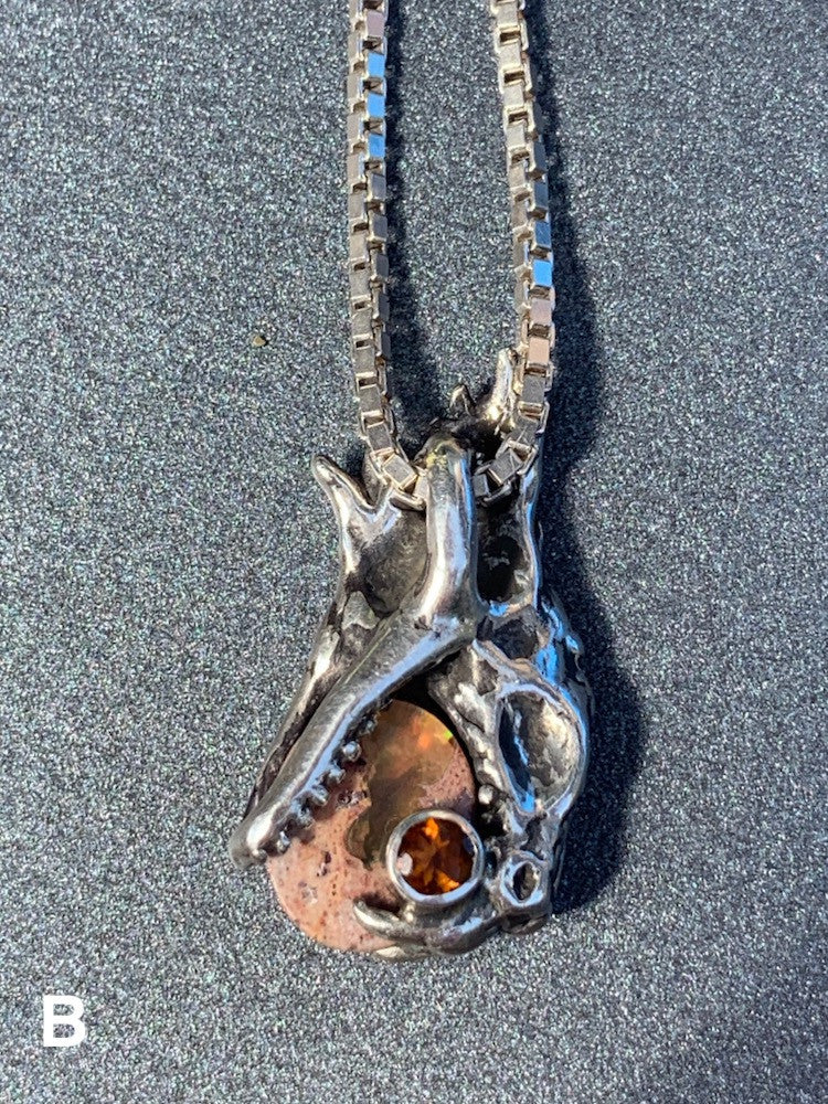 Phantom Viper Snake Head Pendant with Mexican Matrix Fire Opal and Faceted Fire Opal on back - Option B