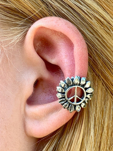 Flower Power Peace Symbol Ear Cuff - Sterling Silver