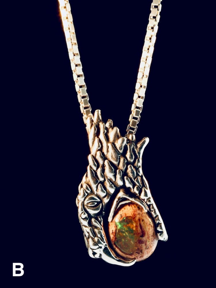 Phantom Viper Snake Head Pendant with Mexican Matrix Fire Opal and Faceted Fire Opal on back - Option B