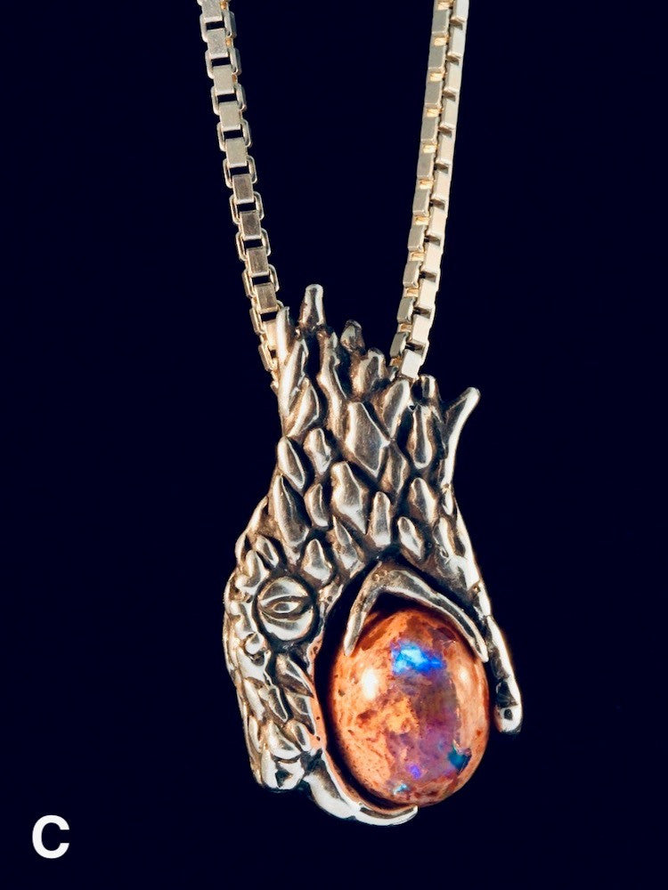 Phantom Viper Snake Head Pendant with Mexican Matrix Fire Opal and Faceted Fire Opal on back - Option C