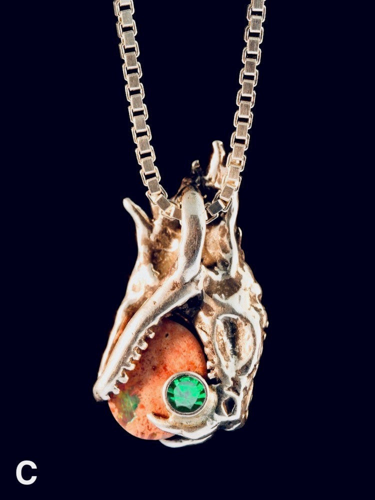 Phantom Viper Snake Head Pendant with Mexican Matrix Fire Opal and Faceted Fire Opal on back - Option C