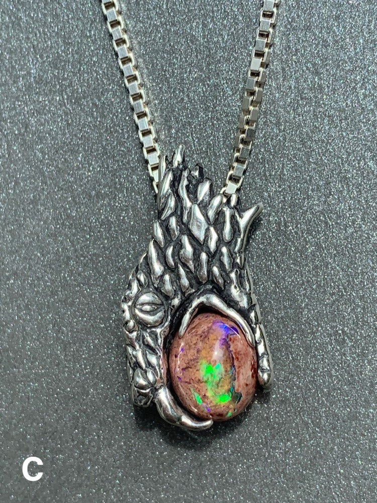 Phantom Viper Snake Head Pendant with Mexican Matrix Fire Opal and Faceted Fire Opal on back - Option C