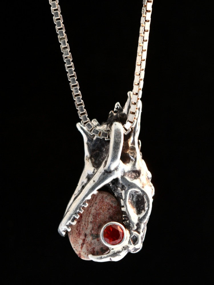 Phantom Viper Snake Head Pendant with Mexican Matrix Fire Opal and Faceted Fire Opal on back - Option A