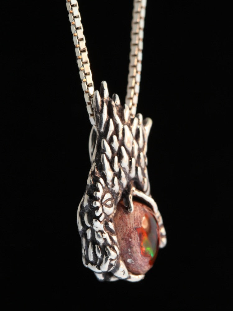 Phantom Viper Snake Head Pendant with Mexican Matrix Fire Opal and Faceted Fire Opal on back - Option A