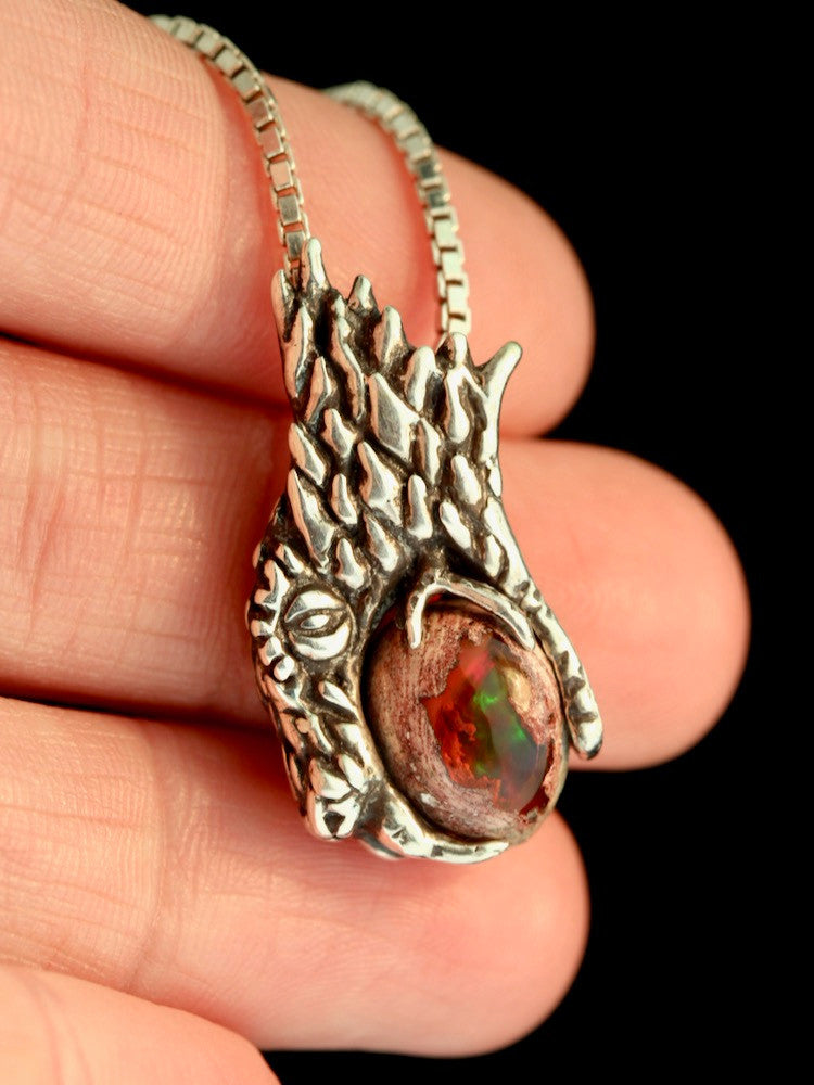 Phantom Viper Snake Head Pendant with Mexican Matrix Fire Opal and Faceted Fire Opal on back - Option A