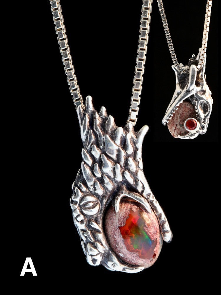 Phantom Viper Snake Head Pendant with Mexican Matrix Fire Opal and Faceted Fire Opal on back - Option A