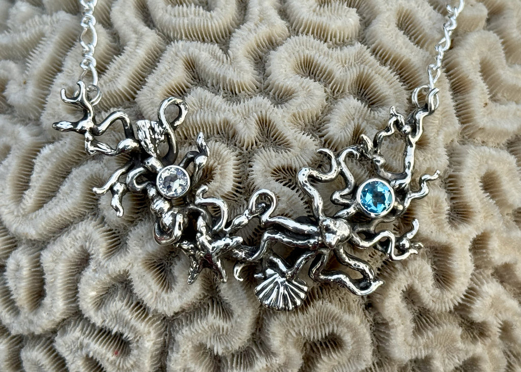 Poseidon's Gift with Blue Topaz and Moonstone  - Octopus And Sea Star Neckpiece - Sterling Silver