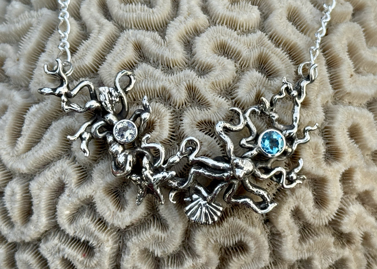 Poseidon's Gift with Blue Topaz and Moonstone  - Octopus And Sea Star Neckpiece - Sterling Silver