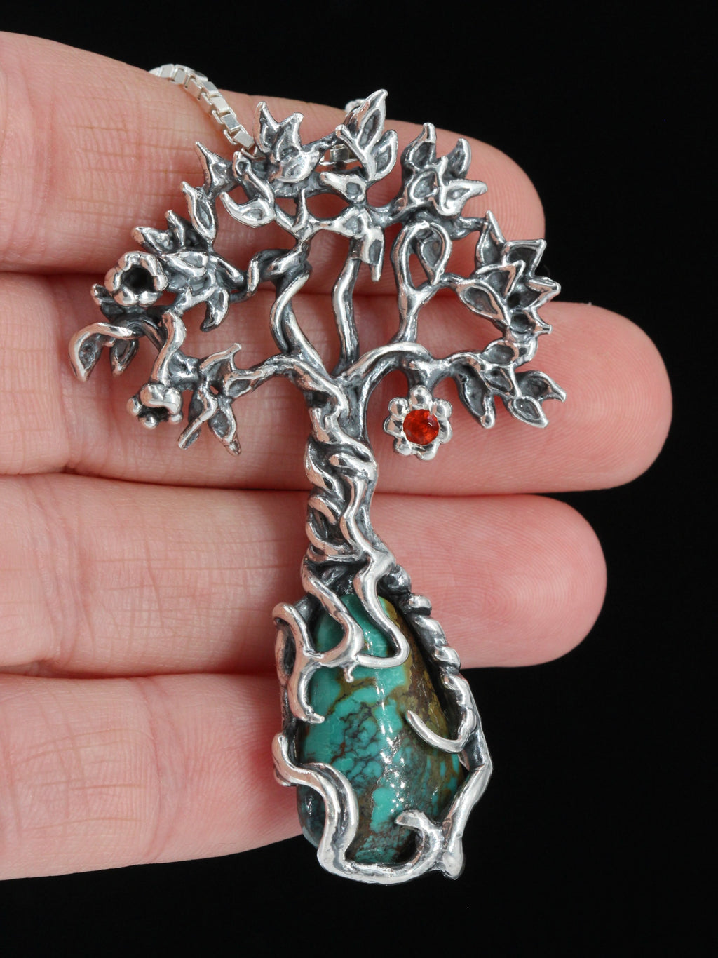 Primeval Forest Tree Pendant #21 with Turquoise and Fire Opal - Sterling Silver