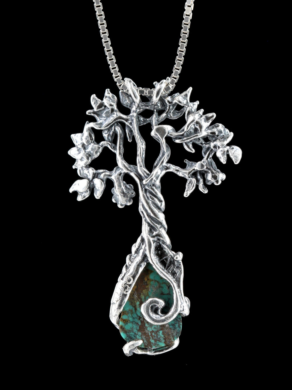 Primeval Forest Tree Pendant #21 with Turquoise and Fire Opal - Sterling Silver