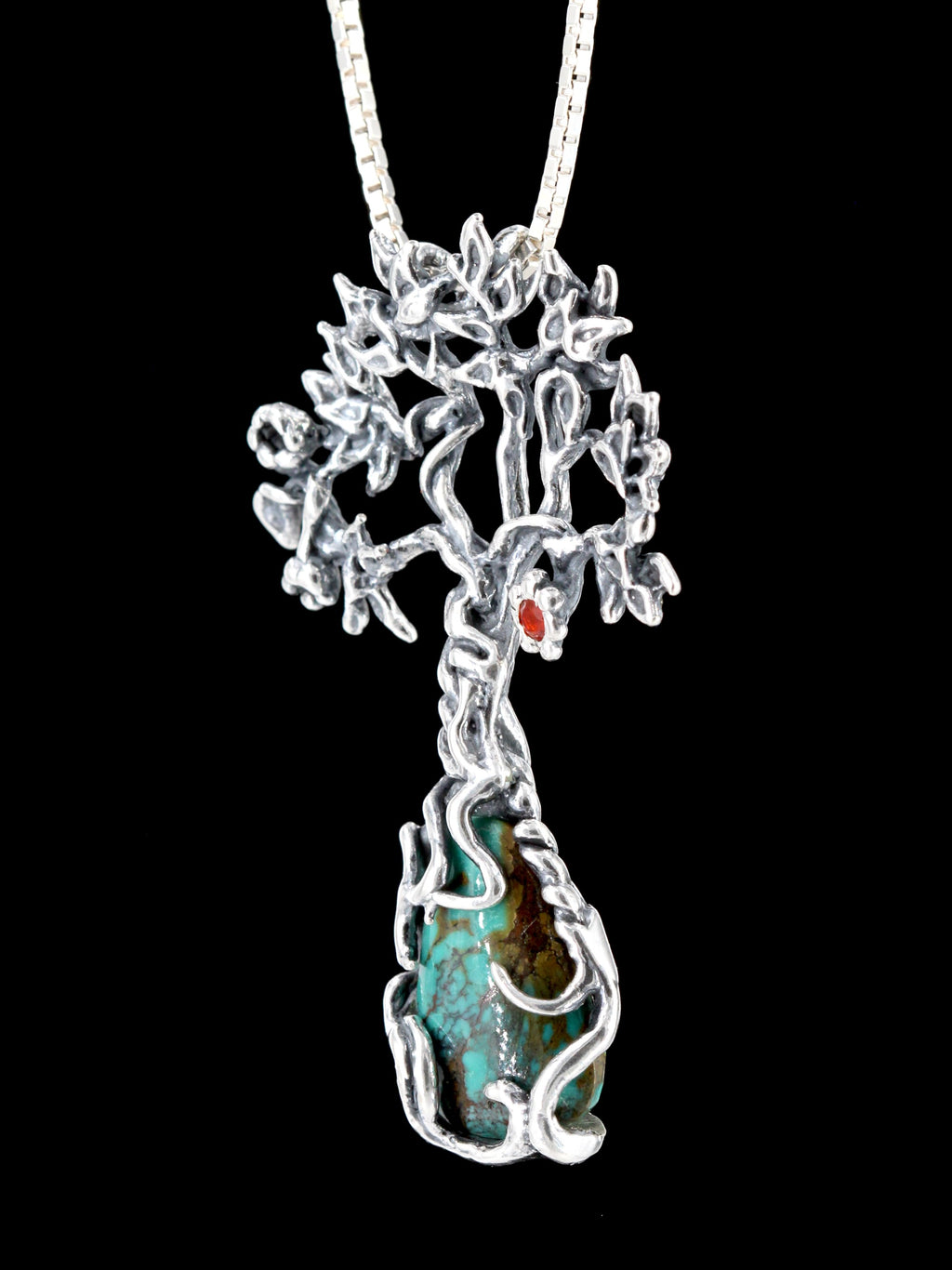 Primeval Forest Tree Pendant #21 with Turquoise and Fire Opal - Sterling Silver