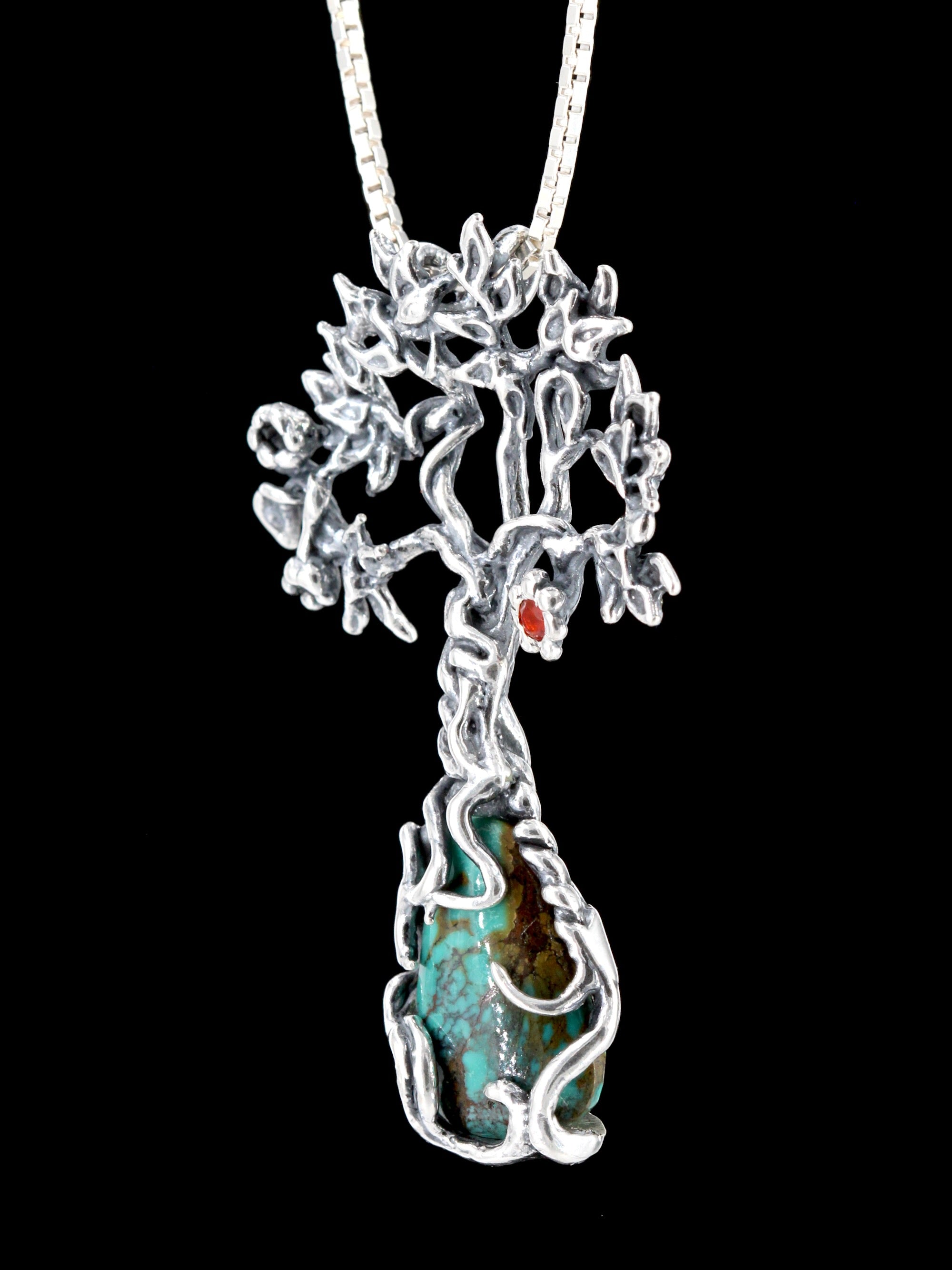 Primeval Forest Tree Pendant #21 with Turquoise and Fire Opal - Sterling Silver